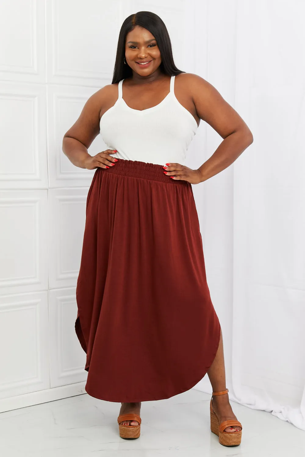 It's My Time Full Size Side Scoop Scrunch Skirt in Dark Rust