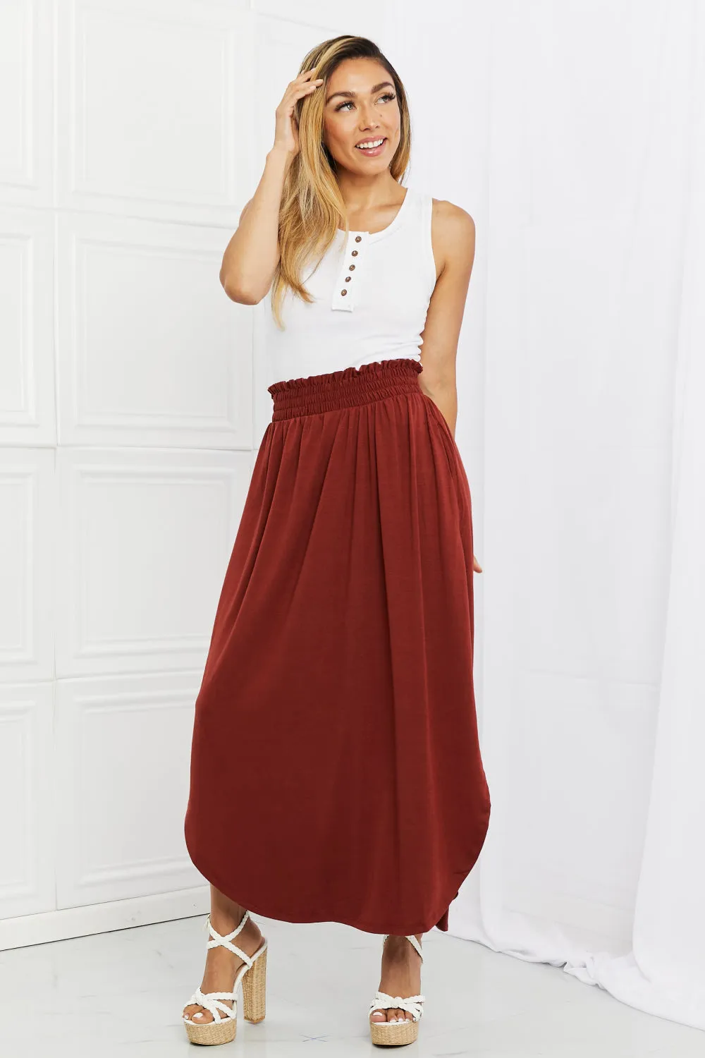 It's My Time Full Size Side Scoop Scrunch Skirt in Dark Rust