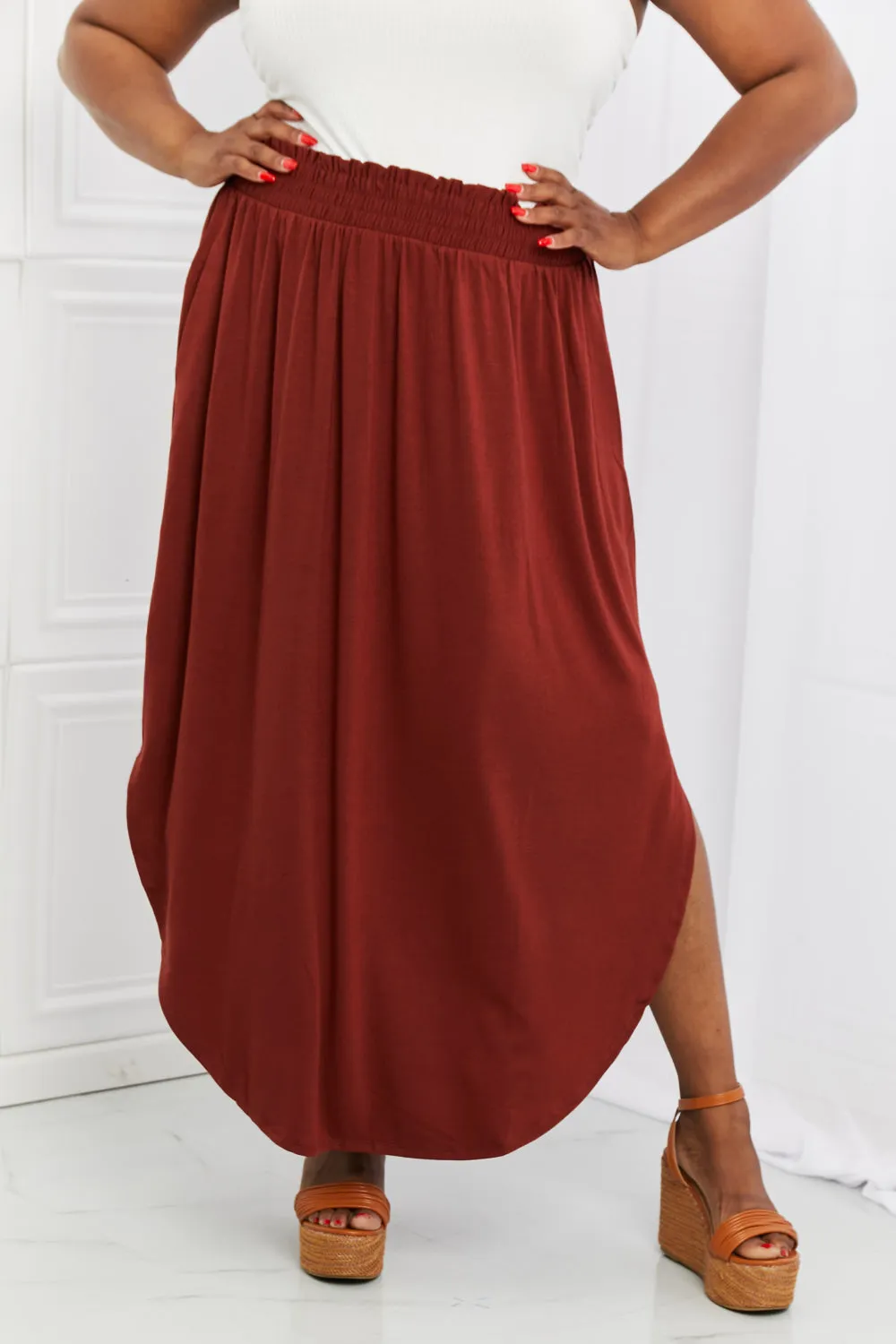 It's My Time Full Size Side Scoop Scrunch Skirt in Dark Rust