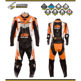 KTM Racing orange, black and white motorcycle leather suits