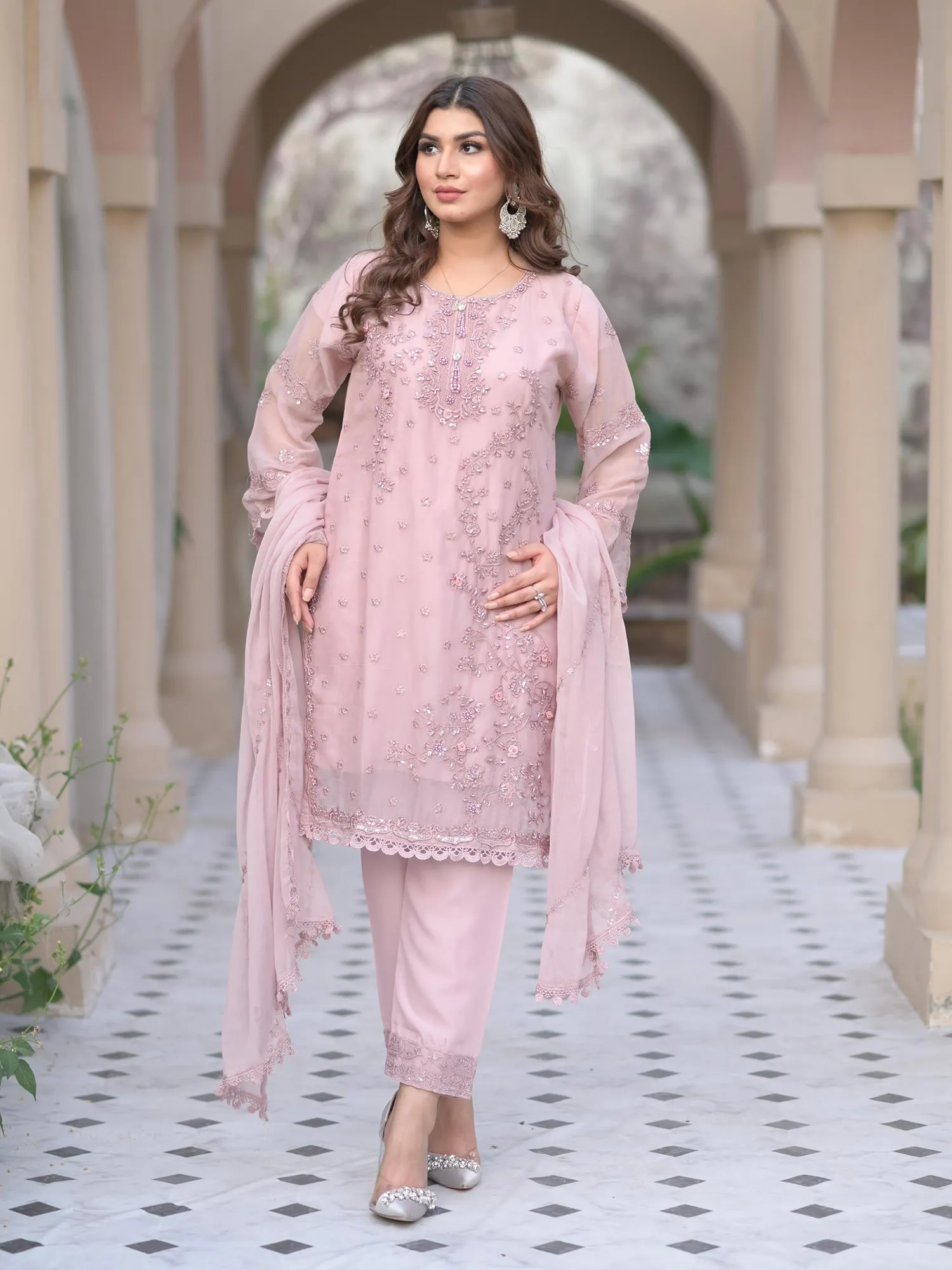 Lilac Embroidered Chiffon 3-Piece Suit