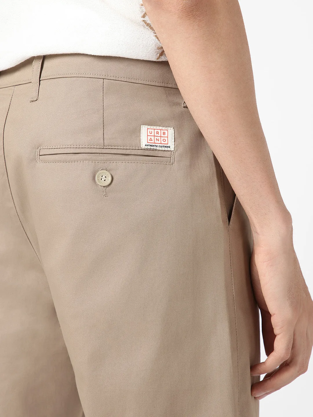 Men's Beige Cotton Regular Fit Casual Chinos Trousers Stretch