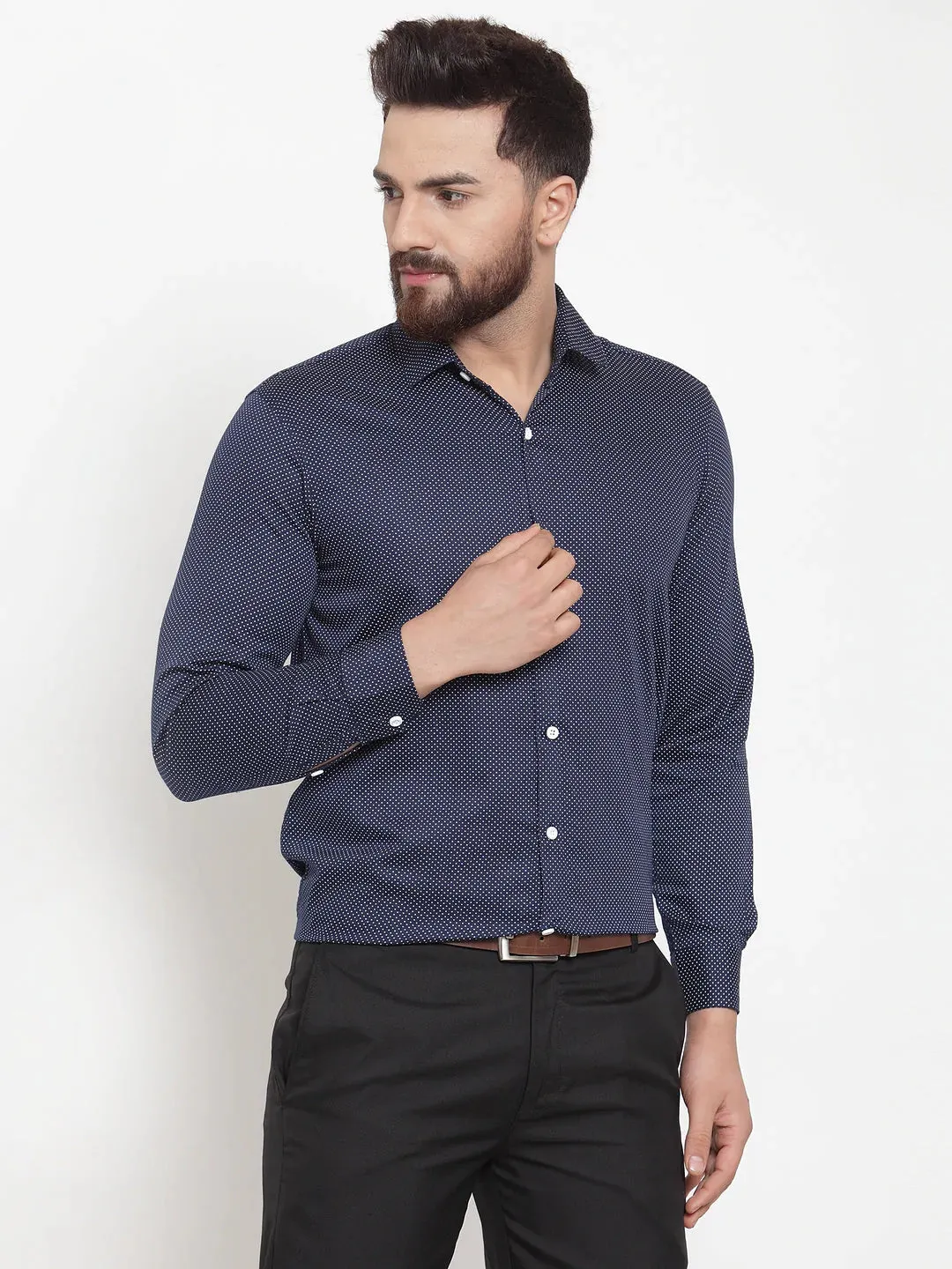 Men's Navy Cotton Polka Dots Formal Shirts - Taantav