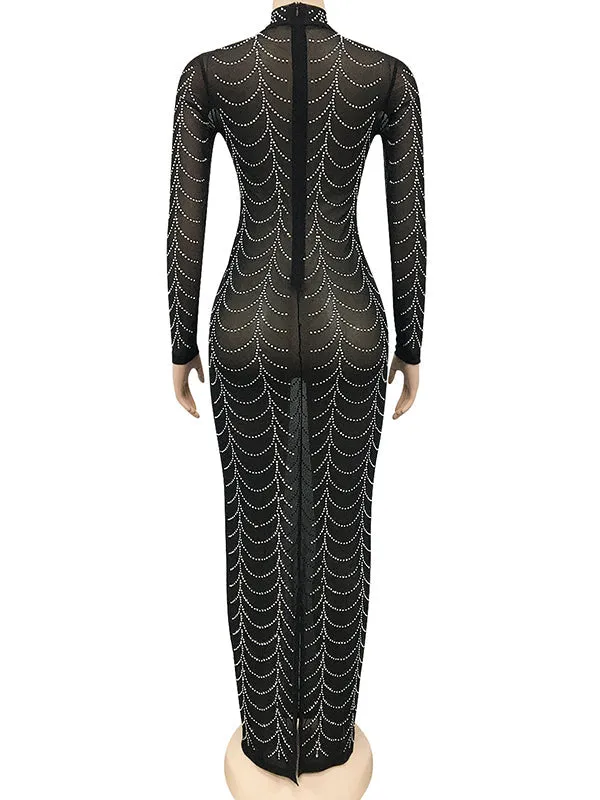 Momnfancy Rhinestone Bodycon Mesh Long Sleeve Evening Club Formal Photoshoot Maternity Maxi Dress