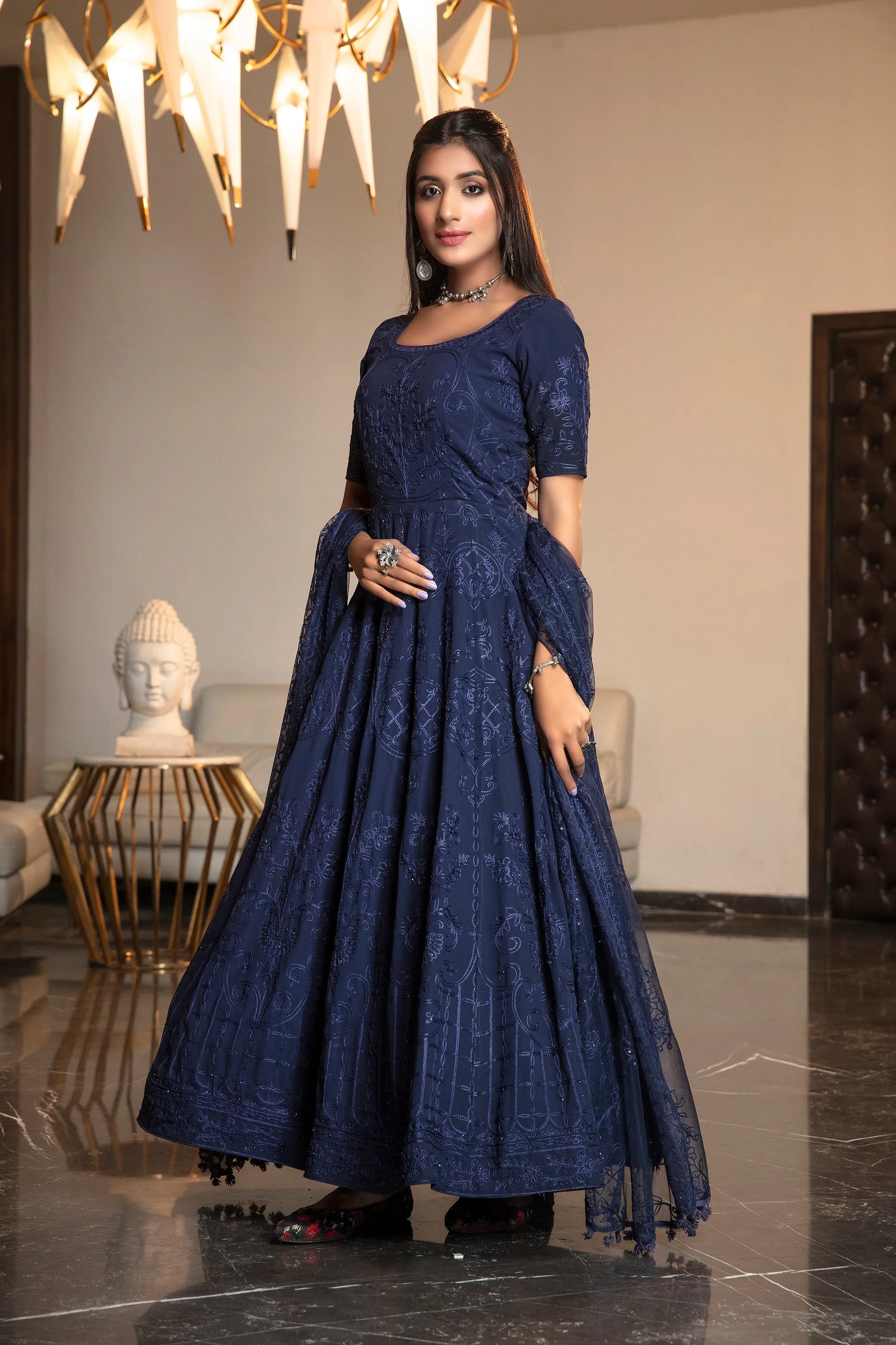 Navy Blue Stone Thread Embroidered Georgette Party Wear Anarkali Gown