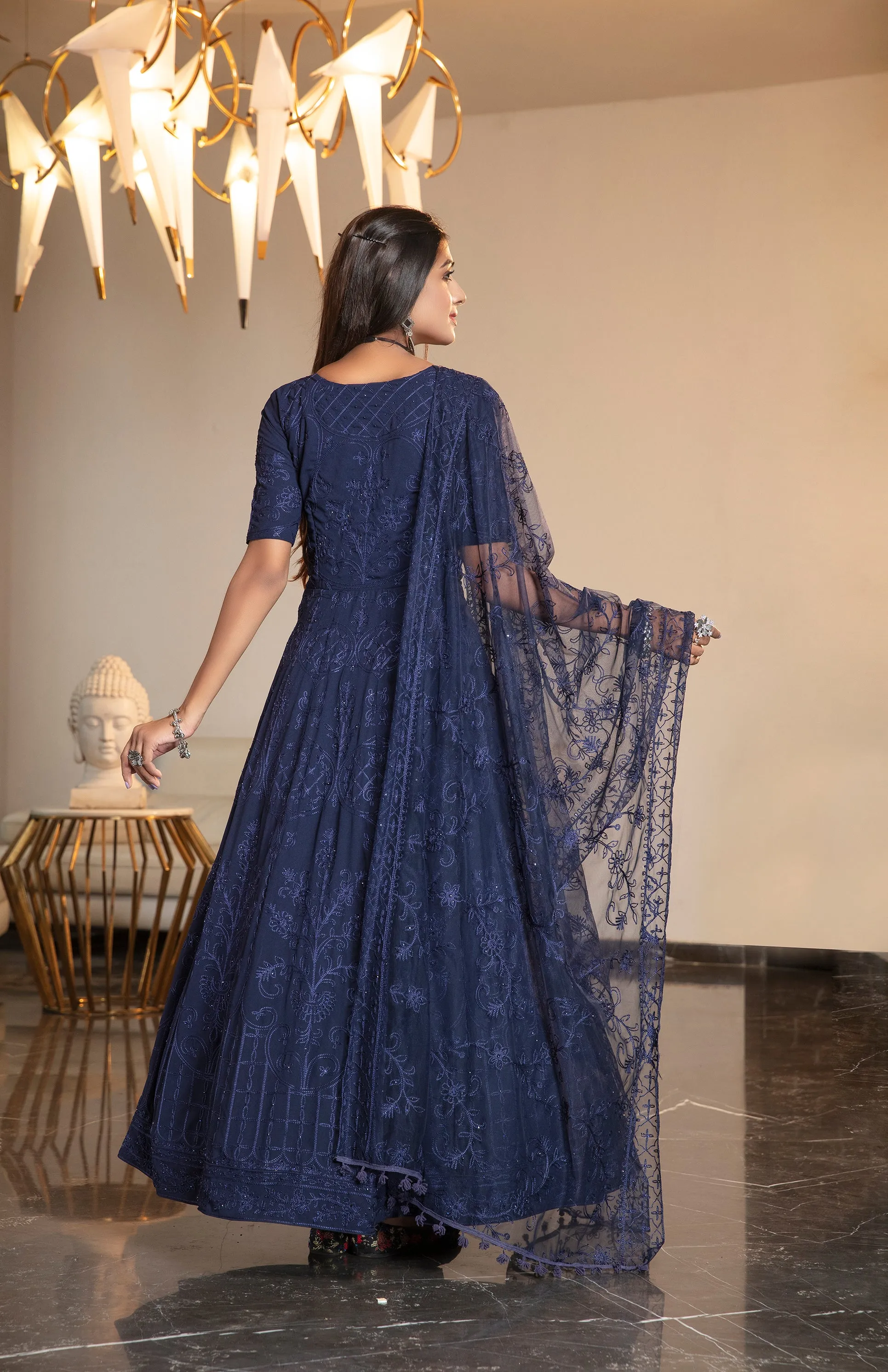 Navy Blue Stone Thread Embroidered Georgette Party Wear Anarkali Gown