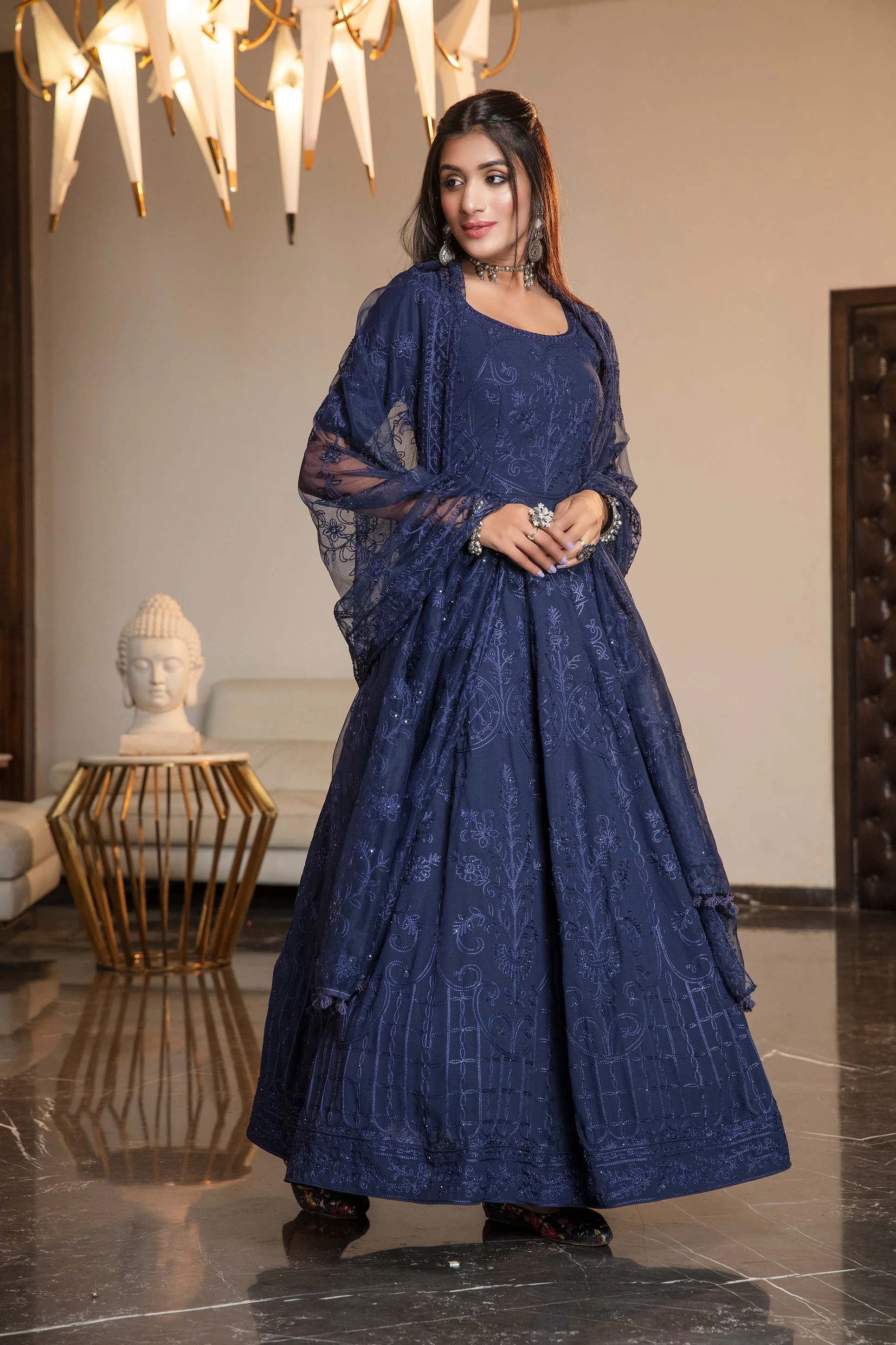 Navy Blue Stone Thread Embroidered Georgette Party Wear Anarkali Gown