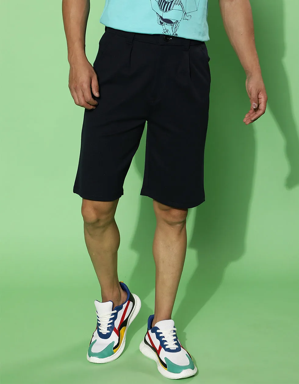 Navy Regular Fit Solid Shorts