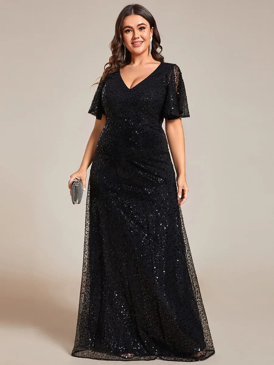 Plus Size See-Through Short Sleeves Maxi Sequin Formal Evening Dress