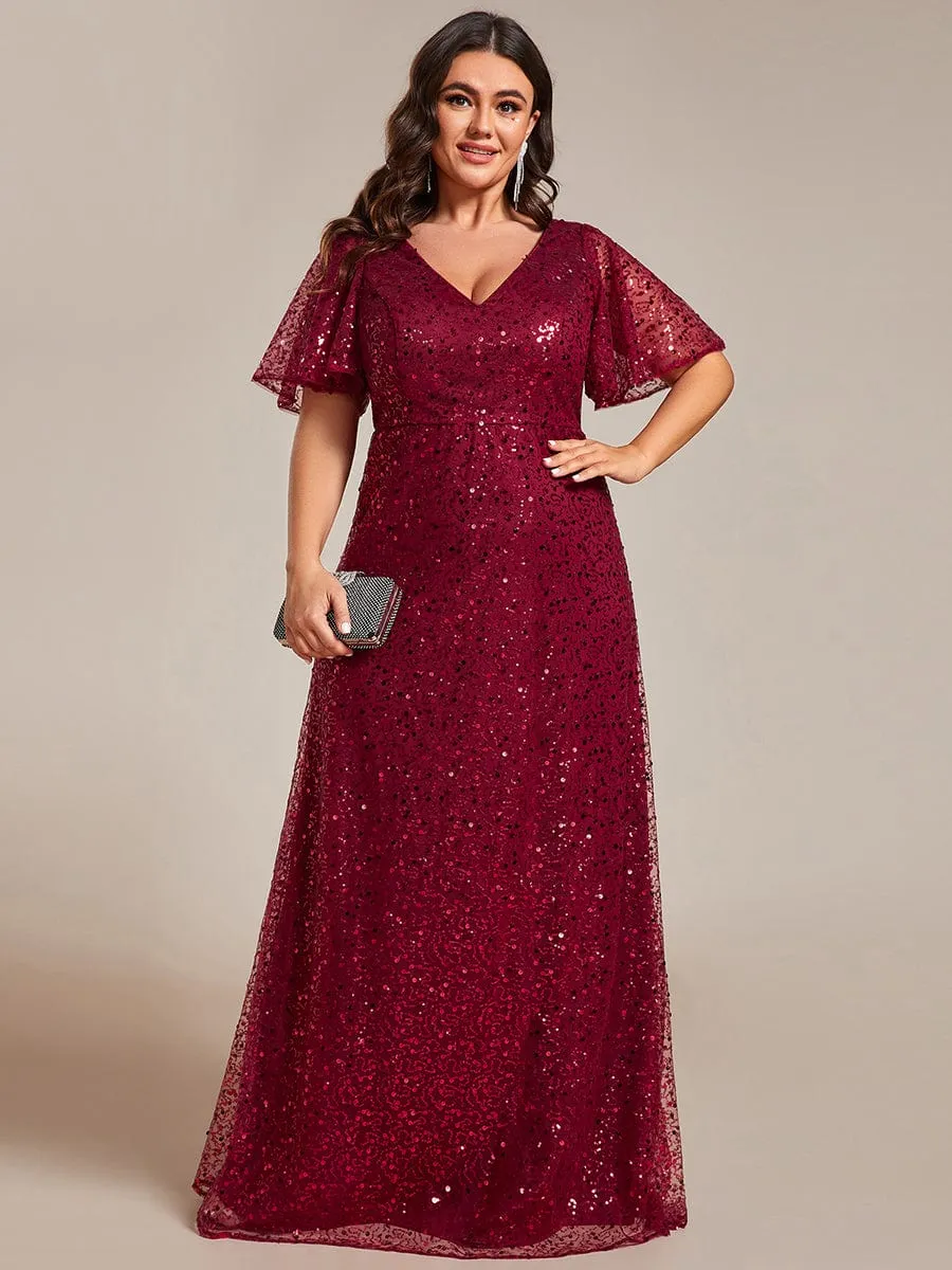 Plus Size See-Through Short Sleeves Maxi Sequin Formal Evening Dress