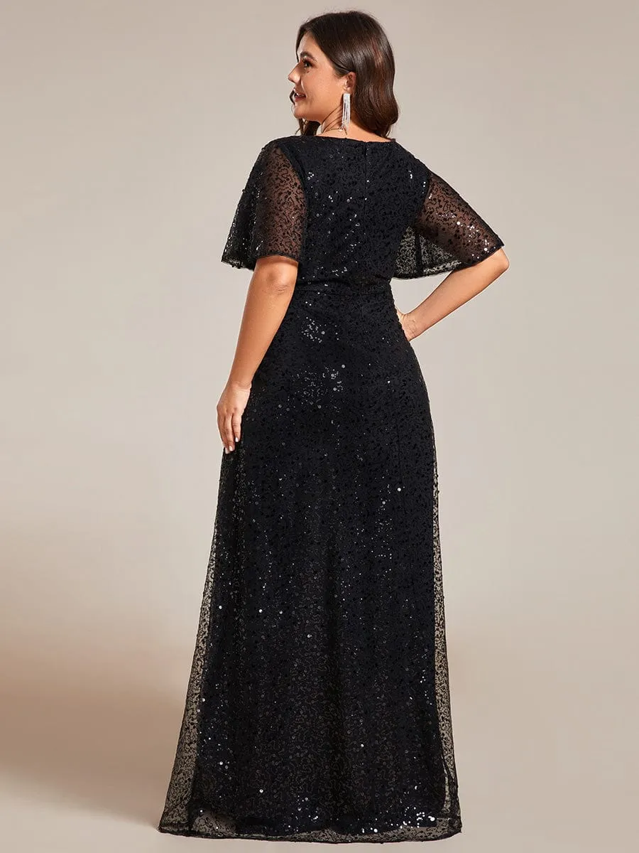 Plus Size See-Through Short Sleeves Maxi Sequin Formal Evening Dress