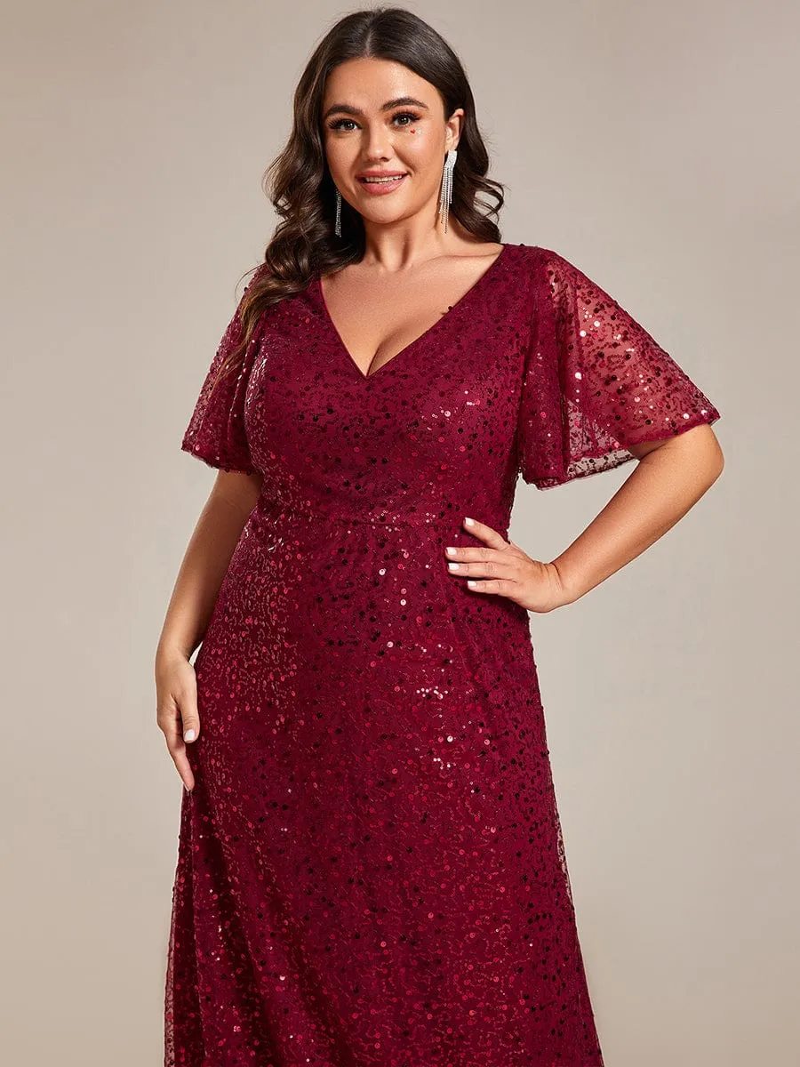 Plus Size See-Through Short Sleeves Maxi Sequin Formal Evening Dress