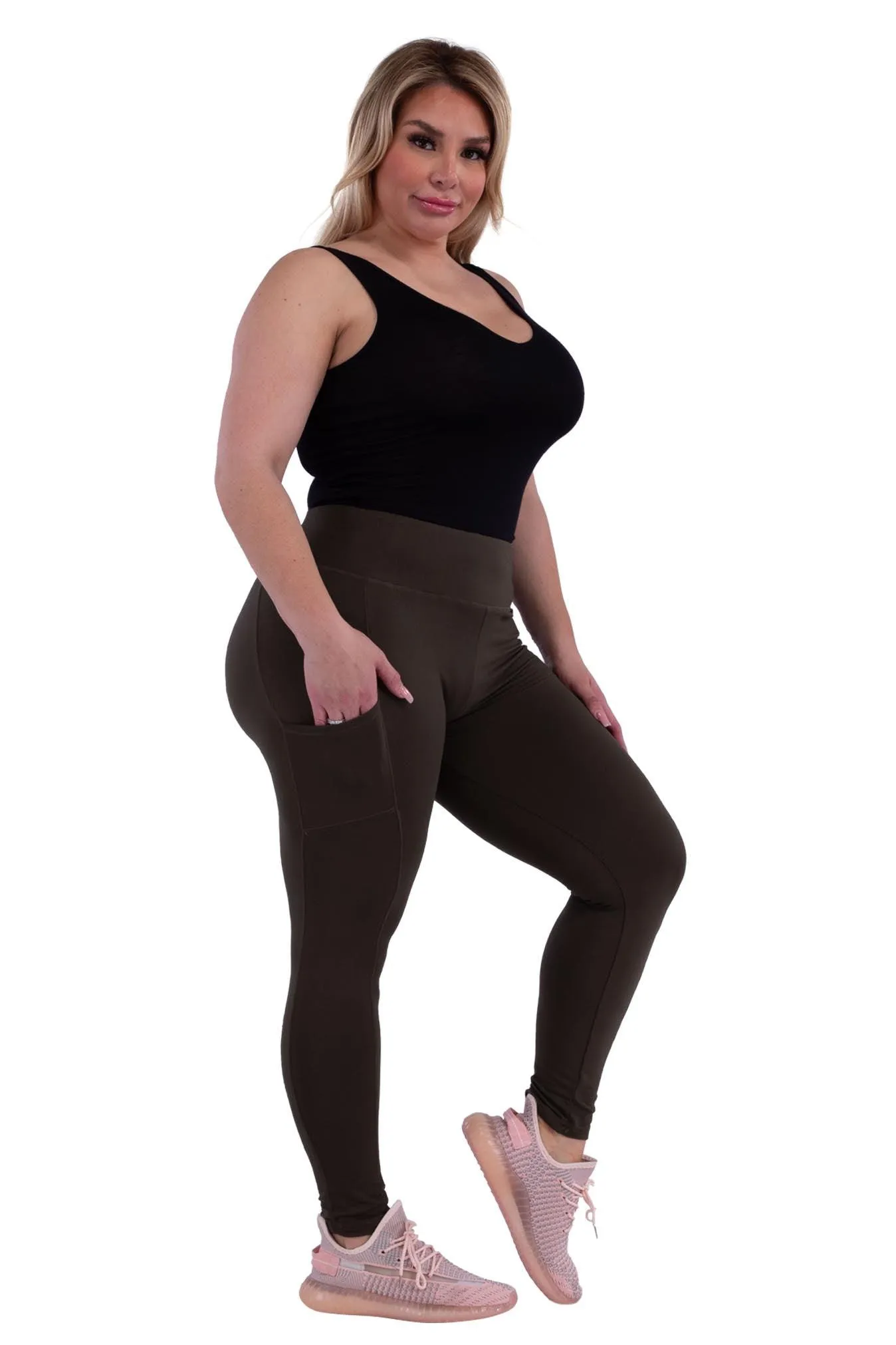 Plus Size Solid Fleece Lined Sports Leggings With Side Pockets - Olive