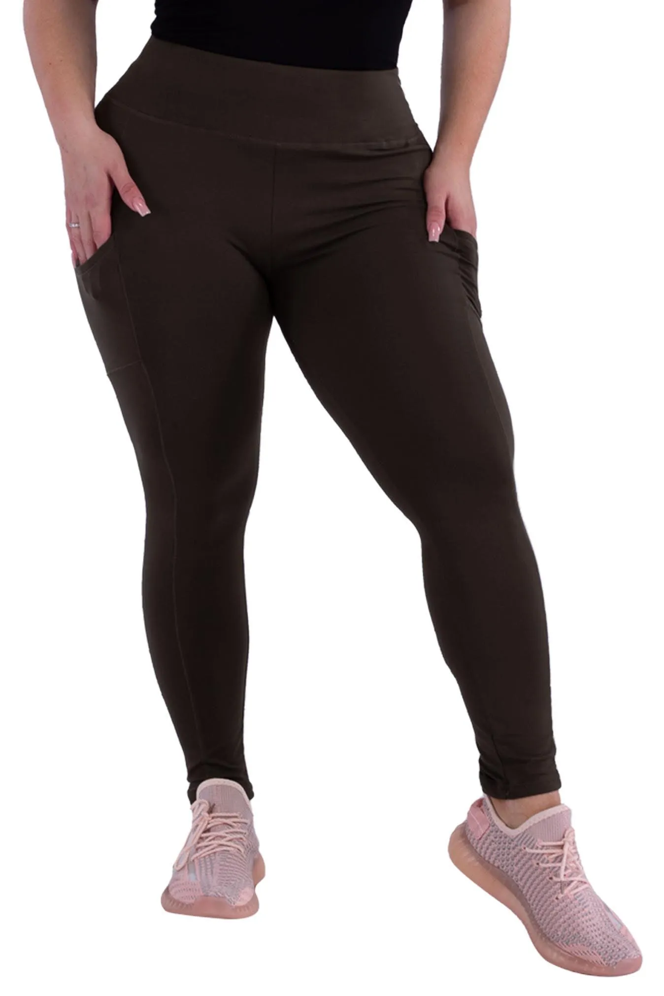 Plus Size Solid Fleece Lined Sports Leggings With Side Pockets - Olive