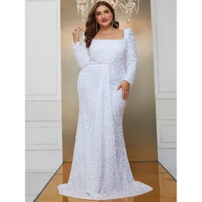 Plus Size Square Neck Long Sleeve White Sequin Evening Dress