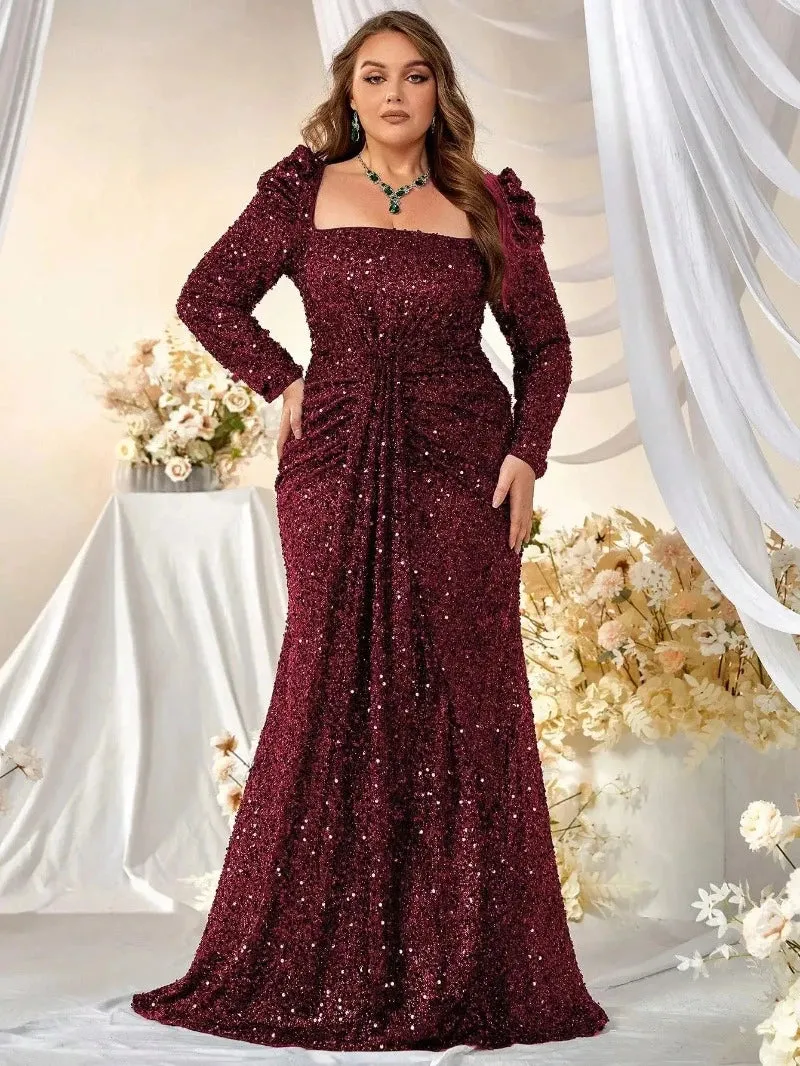 Plus Size Square Neck Long Sleeve White Sequin Evening Dress