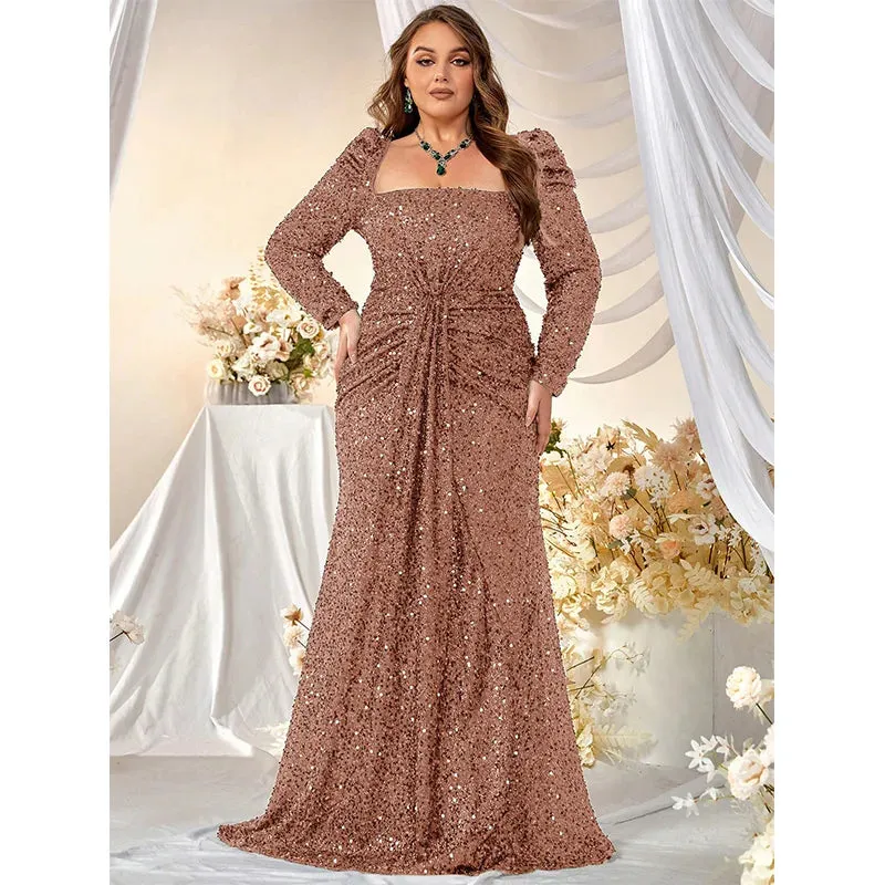 Plus Size Square Neck Long Sleeve White Sequin Evening Dress