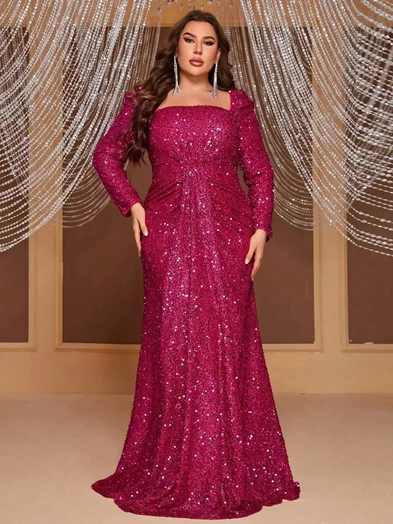 Plus Size Square Neck Long Sleeve White Sequin Evening Dress