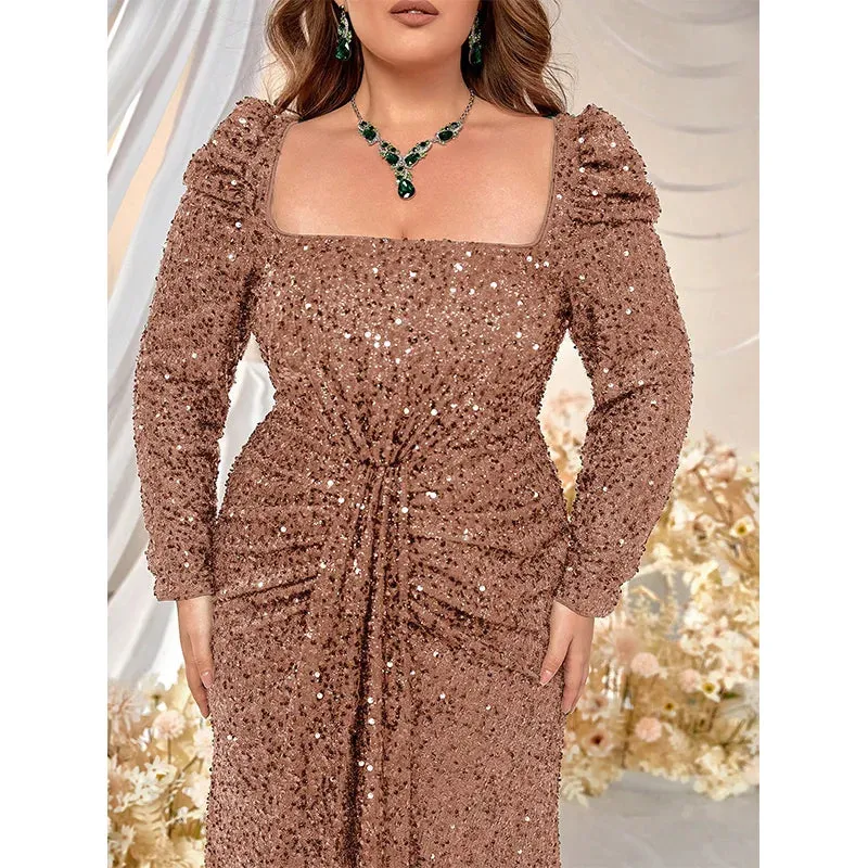 Plus Size Square Neck Long Sleeve White Sequin Evening Dress