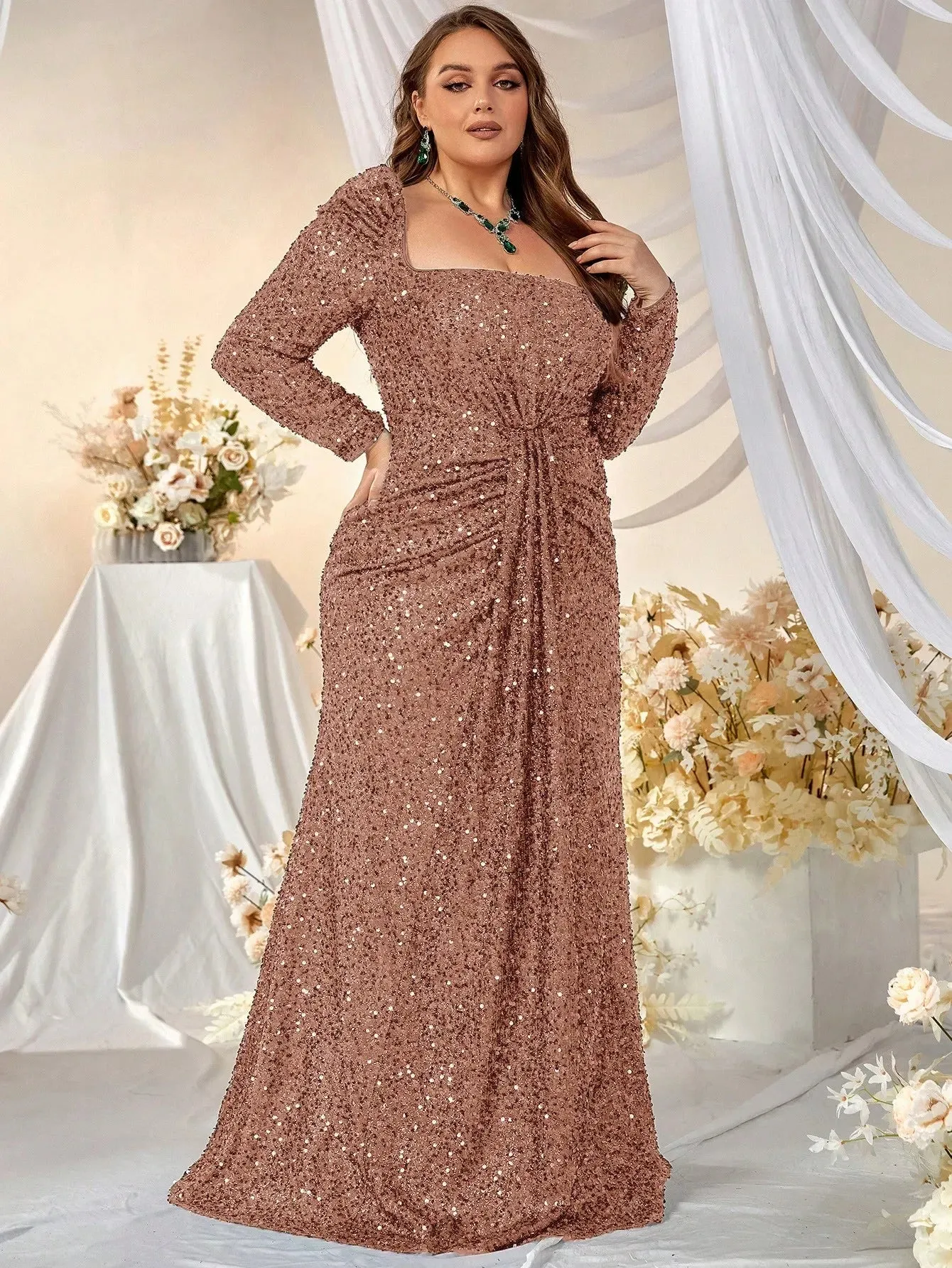 Plus Size Square Neck Long Sleeve White Sequin Evening Dress