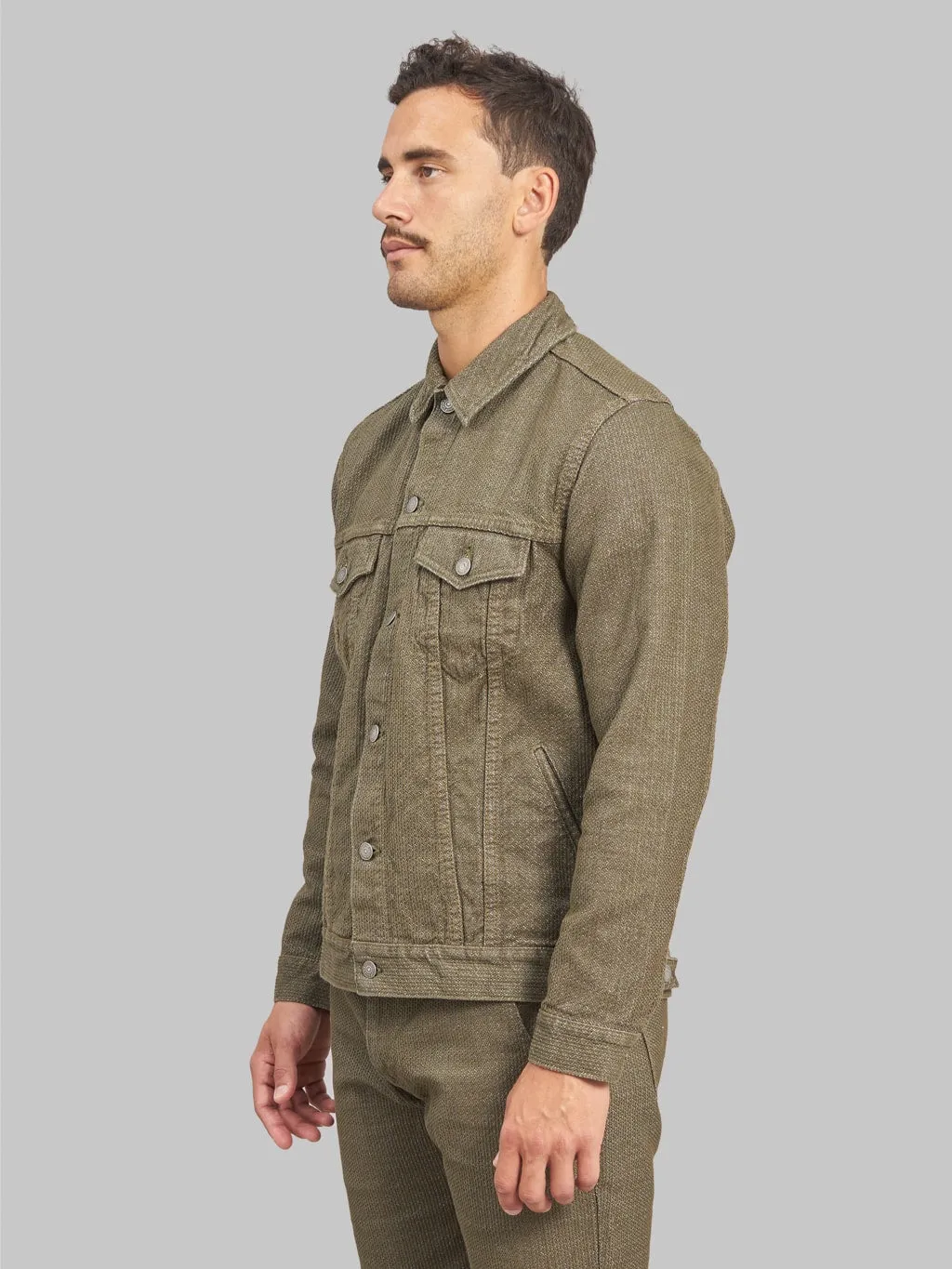 Pure Blue Japan Type III Sashiko Jacket in Olive - 6118-OLV