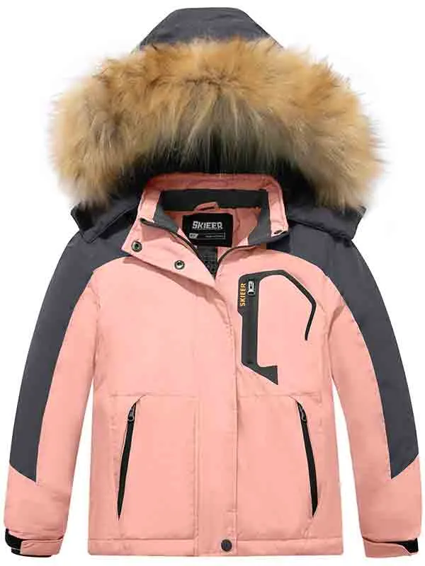 Skieer Girl's Ski Jacket Waterproof Fleece Winter Snow Coat Windproof Hooded Raincoat