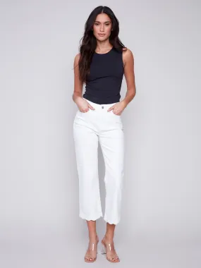 Straight Leg Twill Jeans with Scallop Hem - White