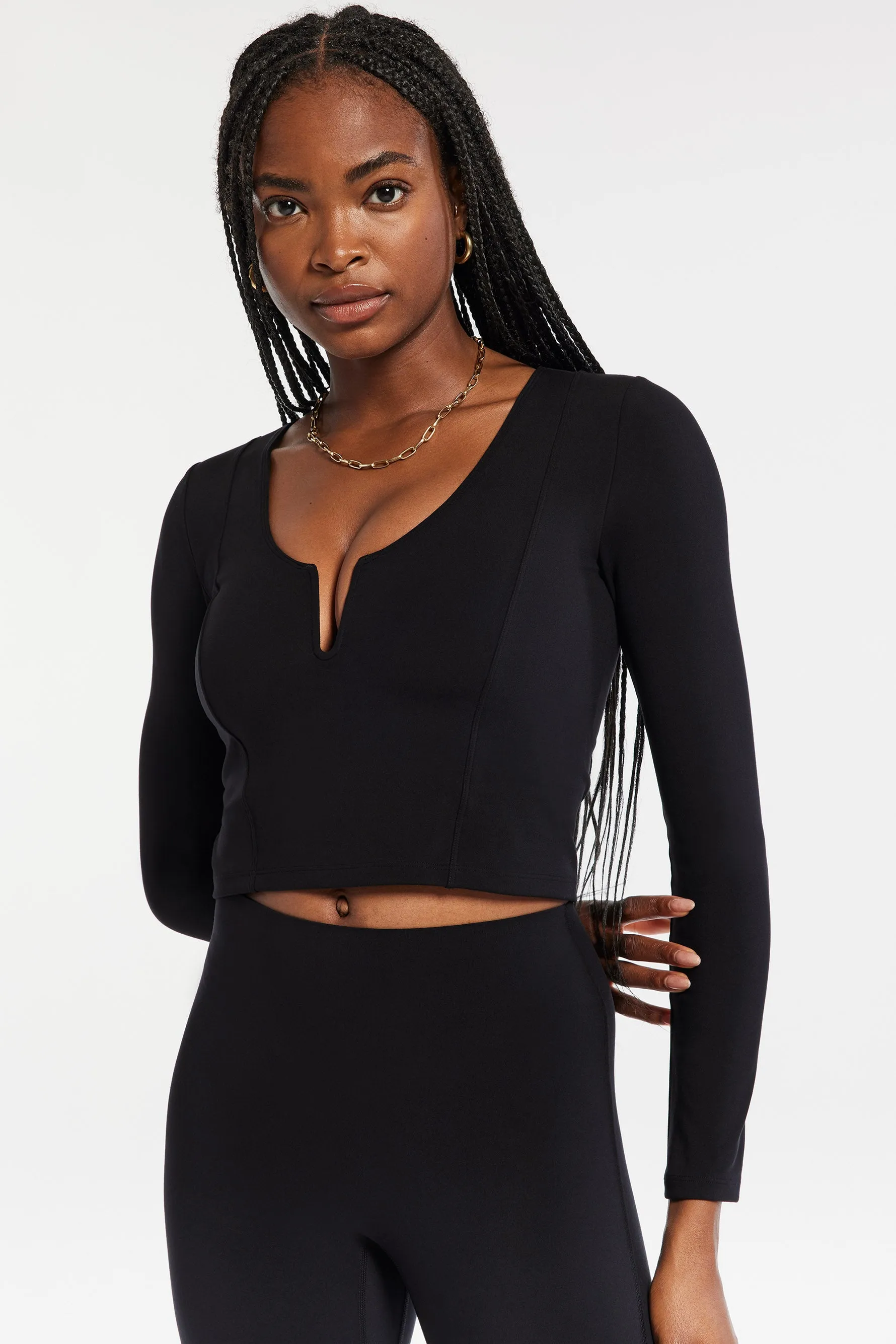 Veneto Deep V-Neck Long Sleeve Top - Black