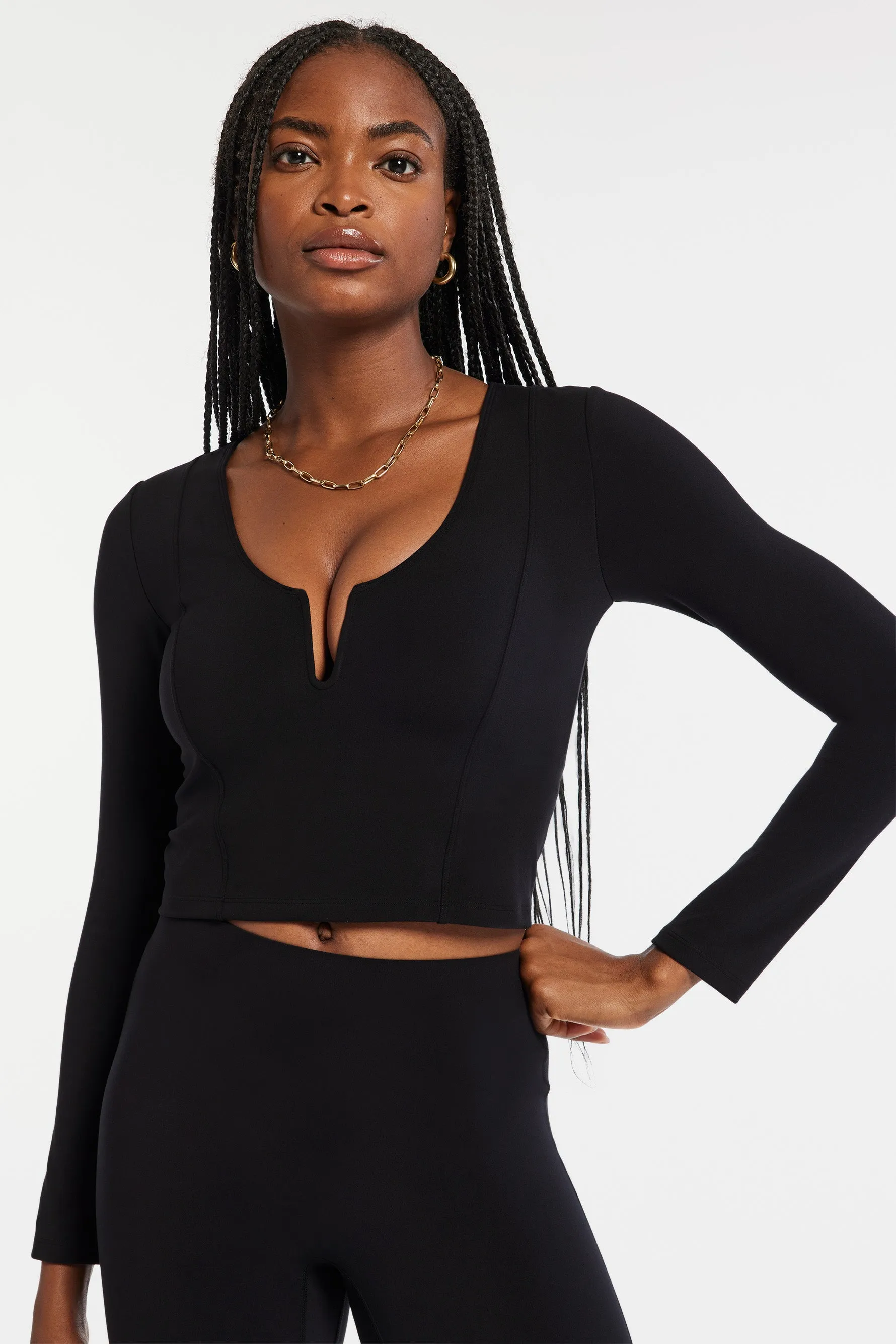 Veneto Deep V-Neck Long Sleeve Top - Black