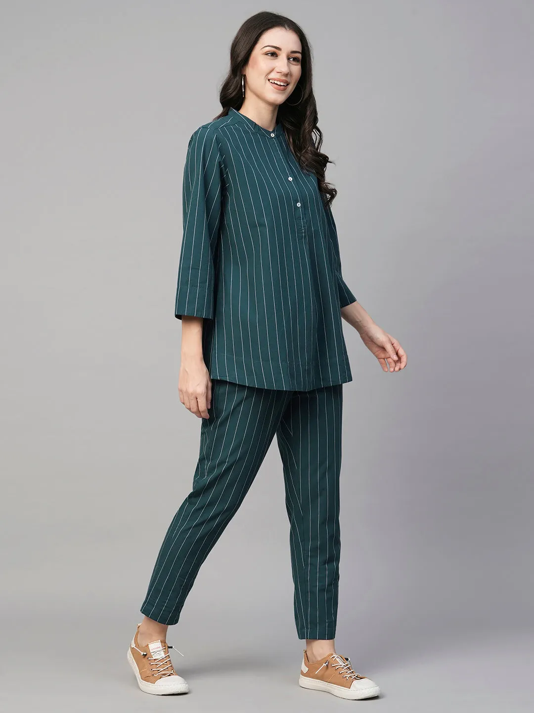 Women's Teal Cotton Regular Fit Pant